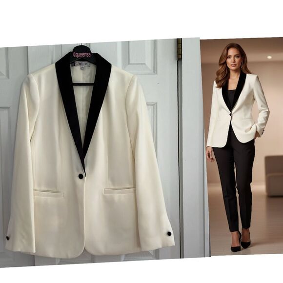 Jennifer Lopez Elegant Cream and Black Tuxedo Blazer - Picture 1 of 15
